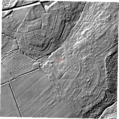 Shaded relief map of the ground around LN65XF, computed from Environment Agency LiDAR. The ground here sits at about 14 m above sea level and falls 9 m across the surrounding 800 m. Surface water reaching this point runs off ground lying to the south, 3.2 m higher.