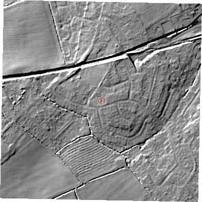 Shaded relief map of the ground around LN65XJ, computed from Environment Agency LiDAR. The ground here sits at about 16 m above sea level and falls 9 m across the surrounding 800 m. Surface water reaching this point runs off ground lying to the east-south-east, 0.7 m higher.