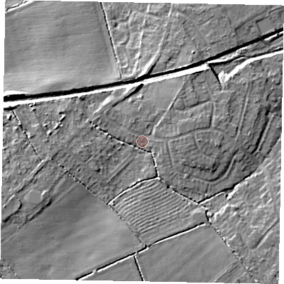 Shaded relief map of the ground around LN65XL, computed from Environment Agency LiDAR. The ground here sits at about 15 m above sea level and falls 10 m across the surrounding 800 m. Surface water reaching this point runs off ground lying to the west-south-west, 5.3 m higher.