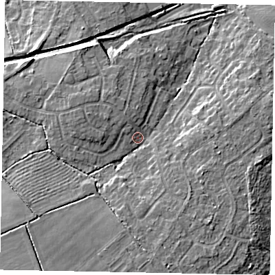 Shaded relief map of the ground around LN65XR, computed from Environment Agency LiDAR. The ground here sits at about 14 m above sea level and falls 9 m across the surrounding 800 m. Surface water reaching this point runs off ground lying to the south-west, 5.0 m higher.