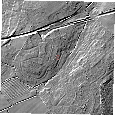 Shaded relief map of the ground around LN65XS, computed from Environment Agency LiDAR. The ground here sits at about 15 m above sea level and falls 10 m across the surrounding 800 m. Surface water reaching this point runs off ground lying to the west-south-west, 2.1 m higher.