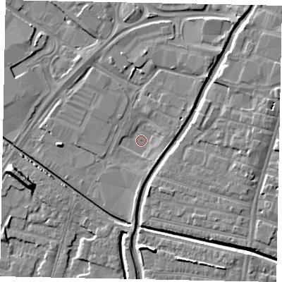Shaded relief map of the ground around LN67AA, computed from Environment Agency LiDAR. The ground here sits at about 4 m above sea level and falls 8 m across the surrounding 800 m. Surface water reaching this point runs off ground lying to the north-north-east, 1.9 m higher.