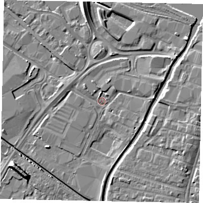 Shaded relief map of the ground around LN67AD, computed from Environment Agency LiDAR. The ground here sits at about 5 m above sea level and falls 8 m across the surrounding 800 m. Surface water reaching this point runs off ground lying to the east, 4.4 m higher.