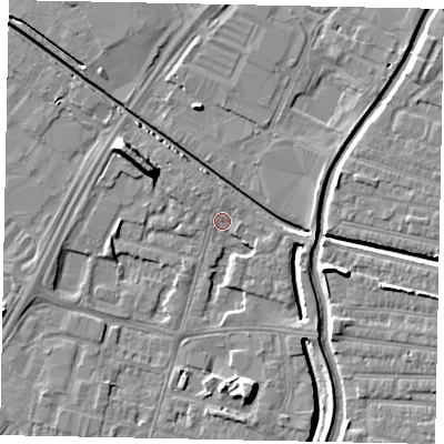 Shaded relief map of the ground around LN67AE, computed from Environment Agency LiDAR. The ground here sits at about 4 m above sea level and falls 8 m across the surrounding 800 m. Surface water reaching this point runs off ground lying to the north, 1.7 m higher.