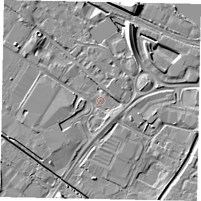 Shaded relief map of the ground around LN67AF, computed from Environment Agency LiDAR. The ground here sits at about 4 m above sea level and falls 10 m across the surrounding 800 m. Surface water reaching this point runs off ground lying to the west-north-west, 3.1 m higher.