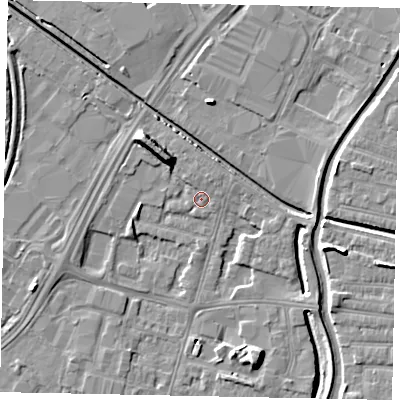 Shaded relief map of the ground around LN67AL, computed from Environment Agency LiDAR. The ground here sits at about 5 m above sea level and falls 8 m across the surrounding 800 m. Surface water reaching this point runs off ground lying to the north-north-west, 1.1 m higher.