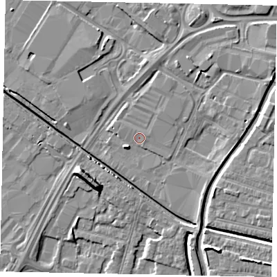 Shaded relief map of the ground around LN67AN, computed from Environment Agency LiDAR. The ground here sits at about 5 m above sea level and falls 8 m across the surrounding 800 m. Surface water reaching this point runs off ground lying to the west-south-west, 4.6 m higher.