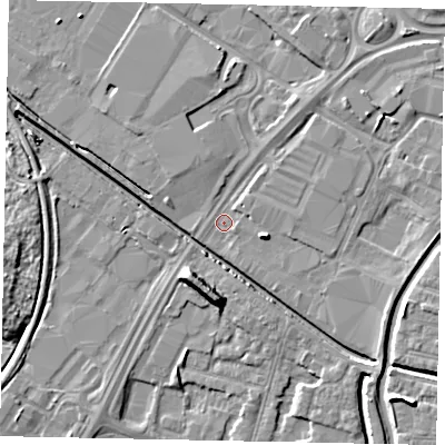 Shaded relief map of the ground around LN67AQ, computed from Environment Agency LiDAR. The ground here sits at about 4 m above sea level and falls 8 m across the surrounding 800 m. Surface water reaching this point runs off ground lying to the south-south-west, 8.1 m higher.