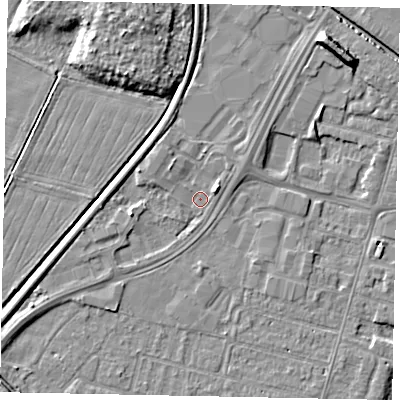 Shaded relief map of the ground around LN67AR, computed from Environment Agency LiDAR. The ground here sits at about 5 m above sea level and falls 8 m across the surrounding 800 m. Surface water reaching this point runs off ground lying to the north-east, 2.5 m higher.