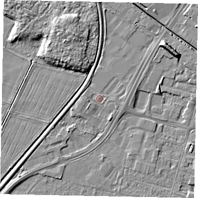 Shaded relief map of the ground around LN67AS, computed from Environment Agency LiDAR. The ground here sits at about 5 m above sea level and falls 8 m across the surrounding 800 m. Surface water reaching this point runs off ground lying to the south-west, 1.5 m higher.