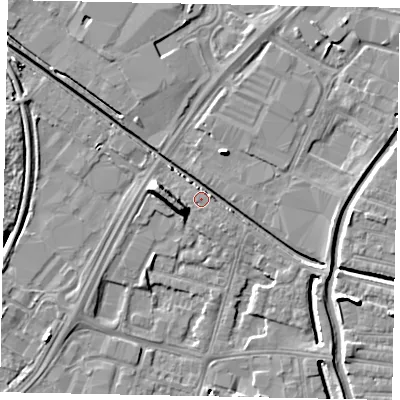 Shaded relief map of the ground around LN67AT, computed from Environment Agency LiDAR. The ground here sits at about 5 m above sea level and falls 8 m across the surrounding 800 m. Surface water reaching this point runs off ground lying to the south-west, 5.0 m higher.
