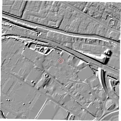 Shaded relief map of the ground around LN67AW, computed from Environment Agency LiDAR. The ground here sits at about 5 m above sea level and falls 10 m across the surrounding 800 m. Surface water reaching this point runs off ground lying to the east, 9.8 m higher.
