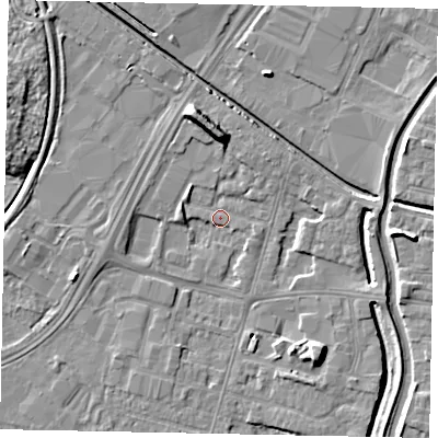 Shaded relief map of the ground around LN67AX, computed from Environment Agency LiDAR. The ground here sits at about 4 m above sea level and falls 8 m across the surrounding 800 m. Surface water reaching this point runs off ground lying to the west-south-west, 3.2 m higher.
