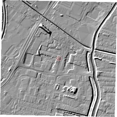 Shaded relief map of the ground around LN67AY, computed from Environment Agency LiDAR. The ground here sits at about 5 m above sea level and falls 8 m across the surrounding 800 m. Surface water reaching this point runs off ground lying to the south-west, 3.0 m higher.