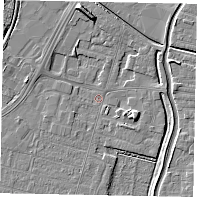 Shaded relief map of the ground around LN67AZ, computed from Environment Agency LiDAR. The ground here sits at about 4 m above sea level and falls 8 m across the surrounding 800 m. Surface water reaching this point runs off ground lying to the west-south-west, 3.0 m higher.