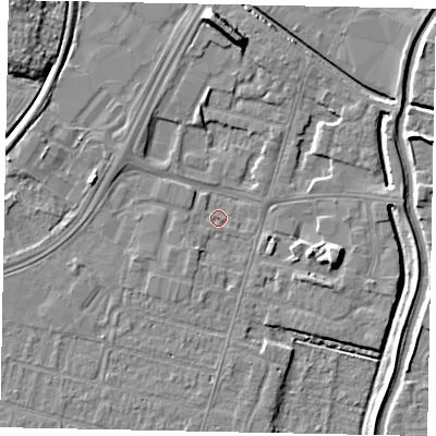 Shaded relief map of the ground around LN67BA, computed from Environment Agency LiDAR. The ground here sits at about 4 m above sea level and falls 8 m across the surrounding 800 m. Surface water reaching this point runs off ground lying to the west-south-west, 3.0 m higher.
