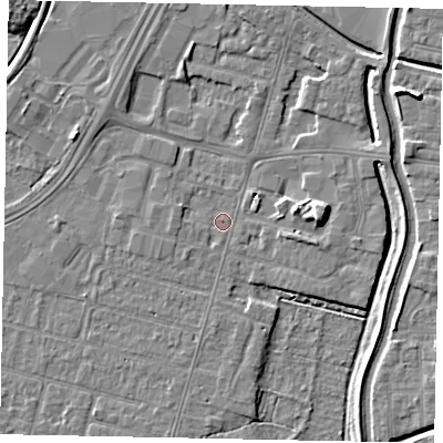 Shaded relief map of the ground around LN67BB, computed from Environment Agency LiDAR. The ground here sits at about 4 m above sea level and falls 7 m across the surrounding 800 m. Surface water reaching this point runs off ground lying to the west, 3.0 m higher.