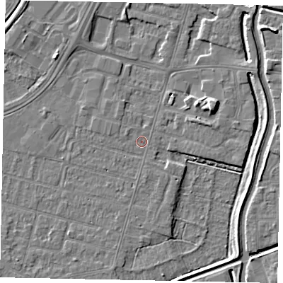Shaded relief map of the ground around LN67BD, computed from Environment Agency LiDAR. The ground here sits at about 4 m above sea level and falls 7 m across the surrounding 800 m. Surface water reaching this point runs off ground lying to the west-north-west, 1.0 m higher.