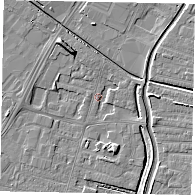 Shaded relief map of the ground around LN67BE, computed from Environment Agency LiDAR. The ground here sits at about 4 m above sea level and falls 8 m across the surrounding 800 m. Surface water reaching this point runs off ground lying to the south-west, 3.0 m higher.