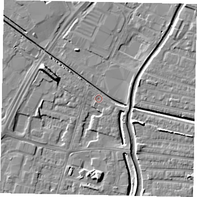 Shaded relief map of the ground around LN67BG, computed from Environment Agency LiDAR. The ground here sits at about 5 m above sea level and falls 8 m across the surrounding 800 m. Surface water reaching this point runs off ground lying to the east-south-east, 3.5 m higher.