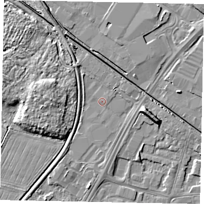 Shaded relief map of the ground around LN67BH, computed from Environment Agency LiDAR. The ground here sits at about 5 m above sea level and falls 8 m across the surrounding 800 m. Surface water reaching this point runs off ground lying to the north-west, 2.2 m higher.