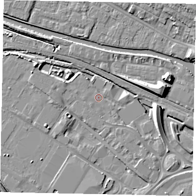 Shaded relief map of the ground around LN67BJ, computed from Environment Agency LiDAR. The ground here sits at about 5 m above sea level and falls 10 m across the surrounding 800 m. Surface water reaching this point runs off ground lying to the east, 9.8 m higher.