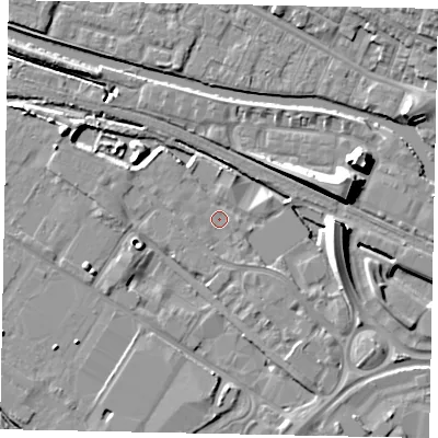 Shaded relief map of the ground around LN67BL, computed from Environment Agency LiDAR. The ground here sits at about 5 m above sea level and falls 10 m across the surrounding 800 m. Surface water reaching this point runs off ground lying to the east-north-east, 9.8 m higher.