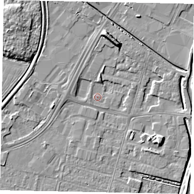 Shaded relief map of the ground around LN67BN, computed from Environment Agency LiDAR. The ground here sits at about 4 m above sea level and falls 8 m across the surrounding 800 m. Surface water reaching this point runs off ground lying to the west, 3.2 m higher.