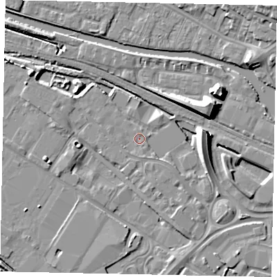 Shaded relief map of the ground around LN67BP, computed from Environment Agency LiDAR. The ground here sits at about 5 m above sea level and falls 10 m across the surrounding 800 m. Surface water reaching this point runs off ground lying to the south-west, 0.9 m higher.