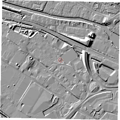 Shaded relief map of the ground around LN67BQ, computed from Environment Agency LiDAR. The ground here sits at about 5 m above sea level and falls 10 m across the surrounding 800 m. Surface water reaching this point runs off ground lying to the south-south-west, 1.0 m higher.