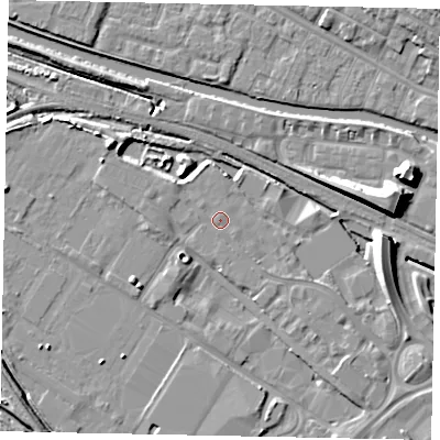 Shaded relief map of the ground around LN67BS, computed from Environment Agency LiDAR. The ground here sits at about 5 m above sea level and falls 10 m across the surrounding 800 m. The ground contributing surface water to this point lies to the south-south-east.