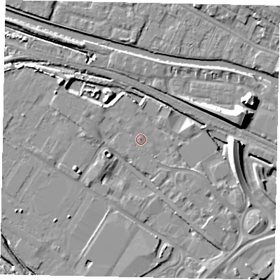 Shaded relief map of the ground around LN67BT, computed from Environment Agency LiDAR. The ground here sits at about 5 m above sea level and falls 10 m across the surrounding 800 m. The ground contributing surface water to this point lies to the south-east.