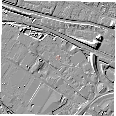 Shaded relief map of the ground around LN67BU, computed from Environment Agency LiDAR. The ground here sits at about 5 m above sea level and falls 10 m across the surrounding 800 m. Surface water reaching this point runs off ground lying to the south-west, 0.7 m higher.