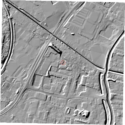Shaded relief map of the ground around LN67BX, computed from Environment Agency LiDAR. The ground here sits at about 5 m above sea level and falls 8 m across the surrounding 800 m. Surface water reaching this point runs off ground lying to the north-north-west, 6.2 m higher.