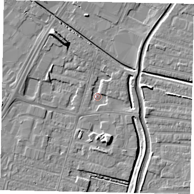 Shaded relief map of the ground around LN67DA, computed from Environment Agency LiDAR. The ground here sits at about 4 m above sea level and falls 8 m across the surrounding 800 m. Surface water reaching this point runs off ground lying to the north-west, 8.3 m higher.