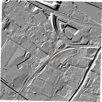 Shaded relief map of the ground around LN67DB, computed from Environment Agency LiDAR. The ground here sits at about 6 m above sea level and falls 10 m across the surrounding 800 m. Surface water reaching this point runs off ground lying to the west-north-west, 1.2 m higher.