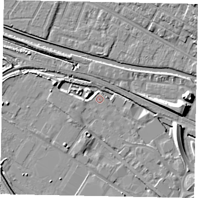 Shaded relief map of the ground around LN67DE, computed from Environment Agency LiDAR. The ground here sits at about 5 m above sea level and falls 10 m across the surrounding 800 m. Surface water reaching this point runs off ground lying to the west, 1.2 m higher.