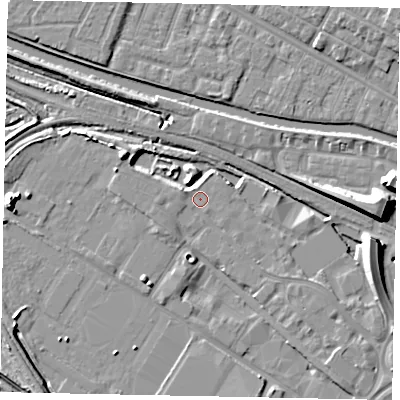 Shaded relief map of the ground around LN67DH, computed from Environment Agency LiDAR. The ground here sits at about 5 m above sea level and falls 10 m across the surrounding 800 m. Surface water reaching this point runs off ground lying to the west-north-west, 1.0 m higher.