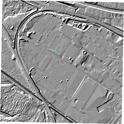 Shaded relief map of the ground around LN67DJ, computed from Environment Agency LiDAR. The ground here sits at about 5 m above sea level and falls 7 m across the surrounding 800 m. Surface water reaching this point runs off ground lying to the north-west, 7.0 m higher.