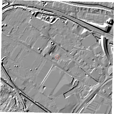 Shaded relief map of the ground around LN67DL, computed from Environment Agency LiDAR. The ground here sits at about 4 m above sea level and falls 10 m across the surrounding 800 m. Surface water reaching this point runs off ground lying to the west, 4.9 m higher.