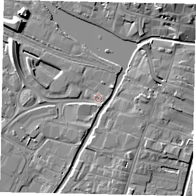 Shaded relief map of the ground around LN67DQ, computed from Environment Agency LiDAR. The ground here sits at about 6 m above sea level and falls 11 m across the surrounding 800 m. Surface water reaching this point runs off ground lying to the south-east, 2.2 m higher.