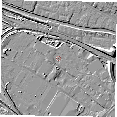 Shaded relief map of the ground around LN67DW, computed from Environment Agency LiDAR. The ground here sits at about 5 m above sea level and falls 10 m across the surrounding 800 m. Surface water reaching this point runs off ground lying to the south-east, 0.7 m higher.