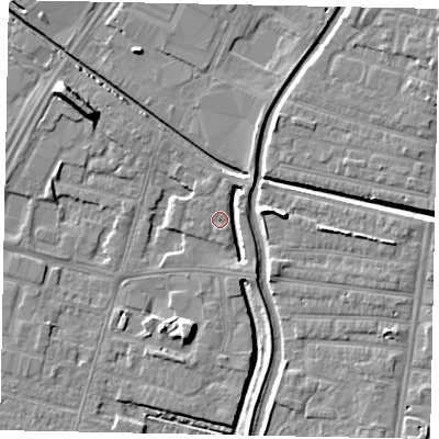 Shaded relief map of the ground around LN67EH, computed from Environment Agency LiDAR. The ground here sits at about 5 m above sea level and falls 8 m across the surrounding 800 m. Surface water reaching this point runs off ground lying to the south, 2.7 m higher.