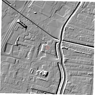 Shaded relief map of the ground around LN67EJ, computed from Environment Agency LiDAR. The ground here sits at about 5 m above sea level and falls 8 m across the surrounding 800 m. Surface water reaching this point runs off ground lying to the east-north-east, 1.8 m higher.