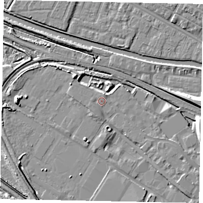 Shaded relief map of the ground around LN67EL, computed from Environment Agency LiDAR. The ground here sits at about 6 m above sea level and falls 10 m across the surrounding 800 m. Surface water reaching this point runs off ground lying to the north-north-east, 0.6 m higher.
