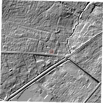 Shaded relief map of the ground around LN67EN, computed from Environment Agency LiDAR. The ground here sits at about 7 m above sea level and falls 5 m across the surrounding 800 m. Surface water reaching this point runs off ground lying to the west-south-west, 5.0 m higher.