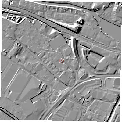 Shaded relief map of the ground around LN67FF, computed from Environment Agency LiDAR. The ground here sits at about 6 m above sea level and falls 10 m across the surrounding 800 m. Surface water reaching this point runs off ground lying to the south, 1.5 m higher.
