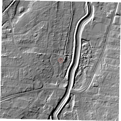 Shaded relief map of the ground around LN67FG, computed from Environment Agency LiDAR. The ground here sits at about 6 m above sea level and falls 8 m across the surrounding 800 m. Surface water reaching this point runs off ground lying to the north-west, 1.7 m higher.