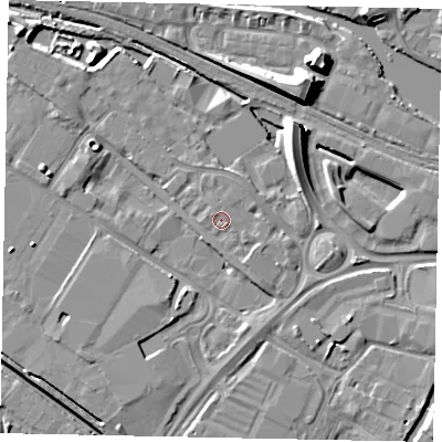 Shaded relief map of the ground around LN67FJ, computed from Environment Agency LiDAR. The ground here sits at about 6 m above sea level and falls 10 m across the surrounding 800 m. Surface water reaching this point runs off ground lying to the south-south-east, 1.5 m higher.