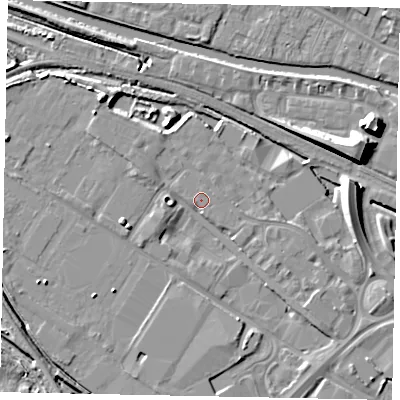 Shaded relief map of the ground around LN67FL, computed from Environment Agency LiDAR. The ground here sits at about 5 m above sea level and falls 10 m across the surrounding 800 m. Surface water reaching this point runs off ground lying to the west-south-west, 3.2 m higher.
